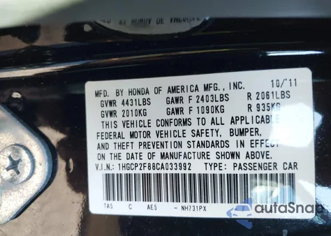 2012 Honda Accord 2.4 Ex-L z USA, uszkodzony, nr VIN 1HGCP2F88CA033992